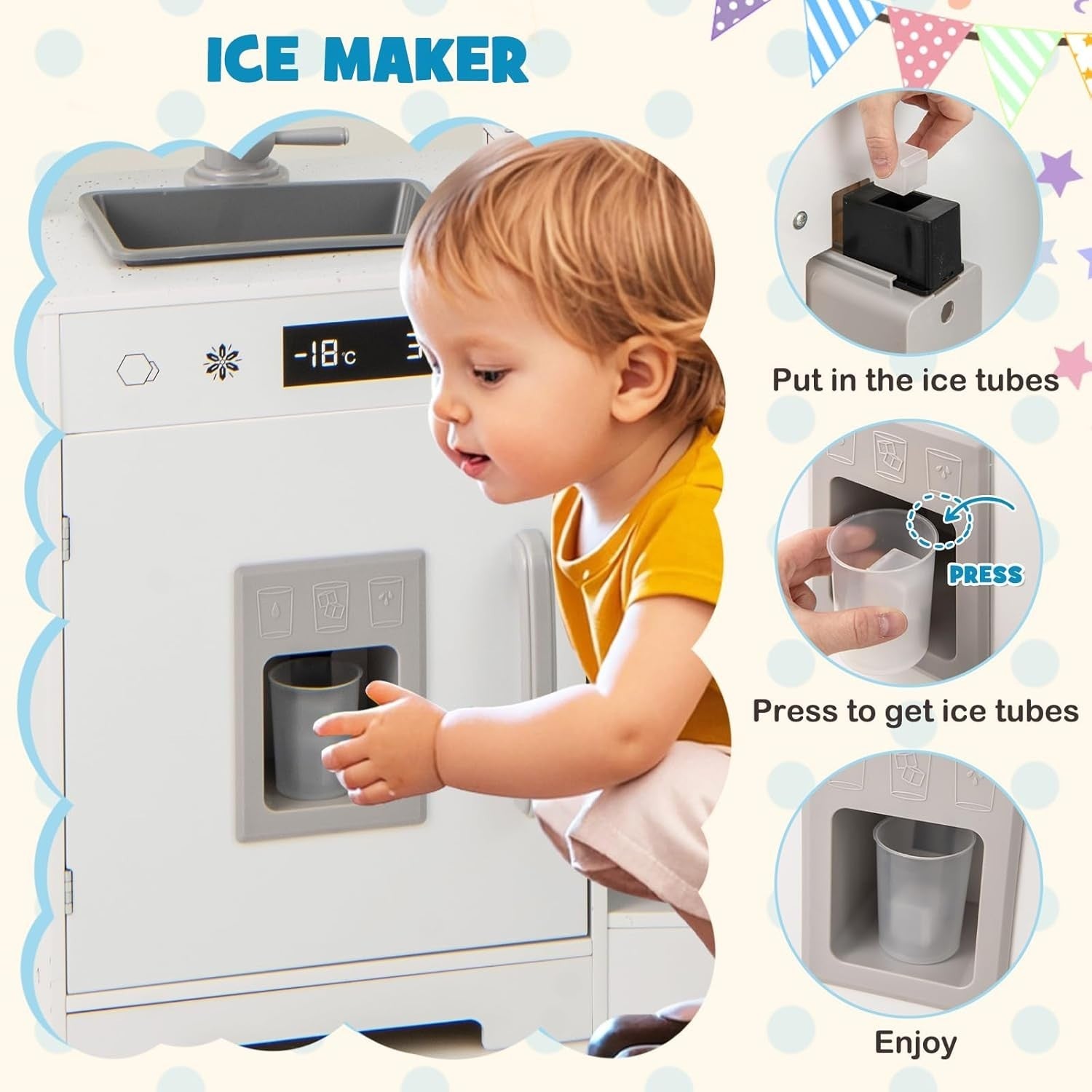 Corner Kids Play Kitchen Lights Sounds Ice Maker White Toy