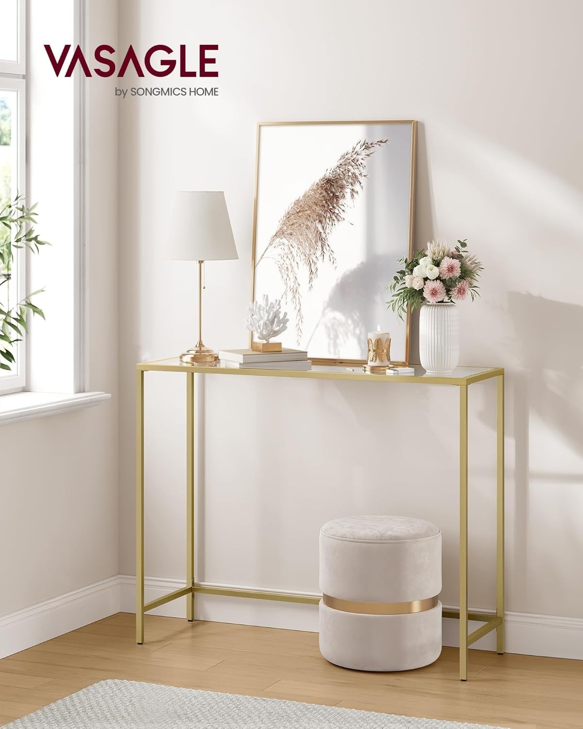 Gold Console Table Tempered Glass Top | Slim 100x35.5x80cm Metal Frame Hallway