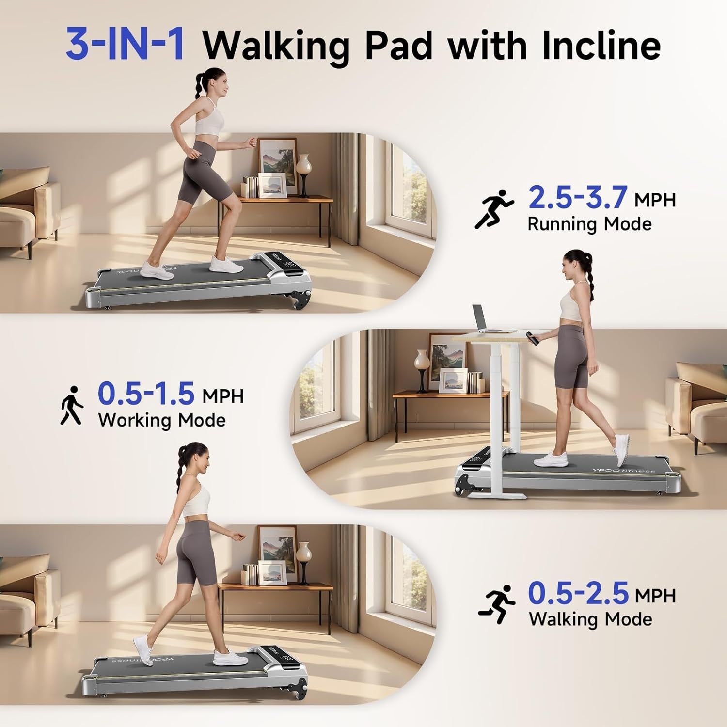 Portable Under Desk Walking Treadmill with Incline 3-in-1 Fitness Home Gym