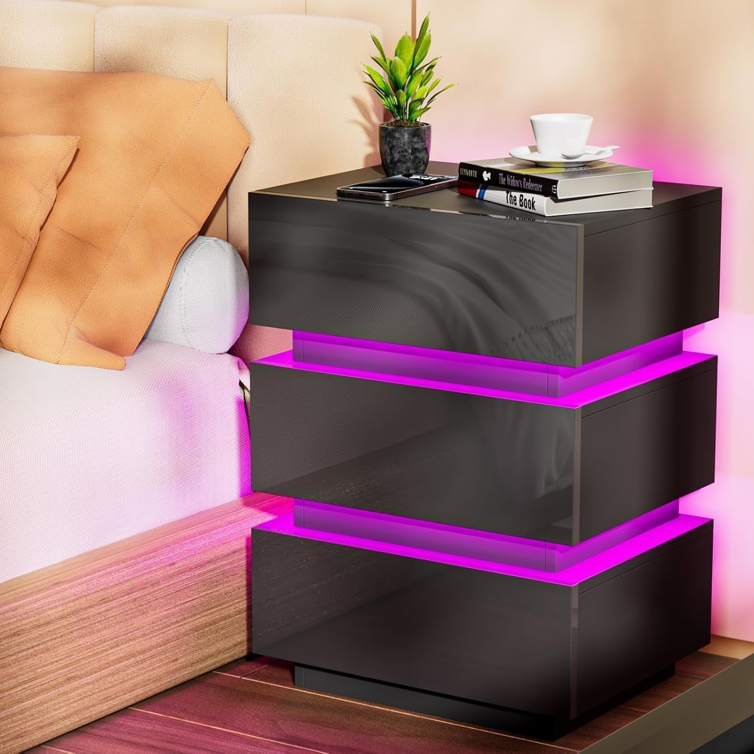 Luxury LED Bedside Table with USB Charging Station, 3 Drawers, Gloss Finish
