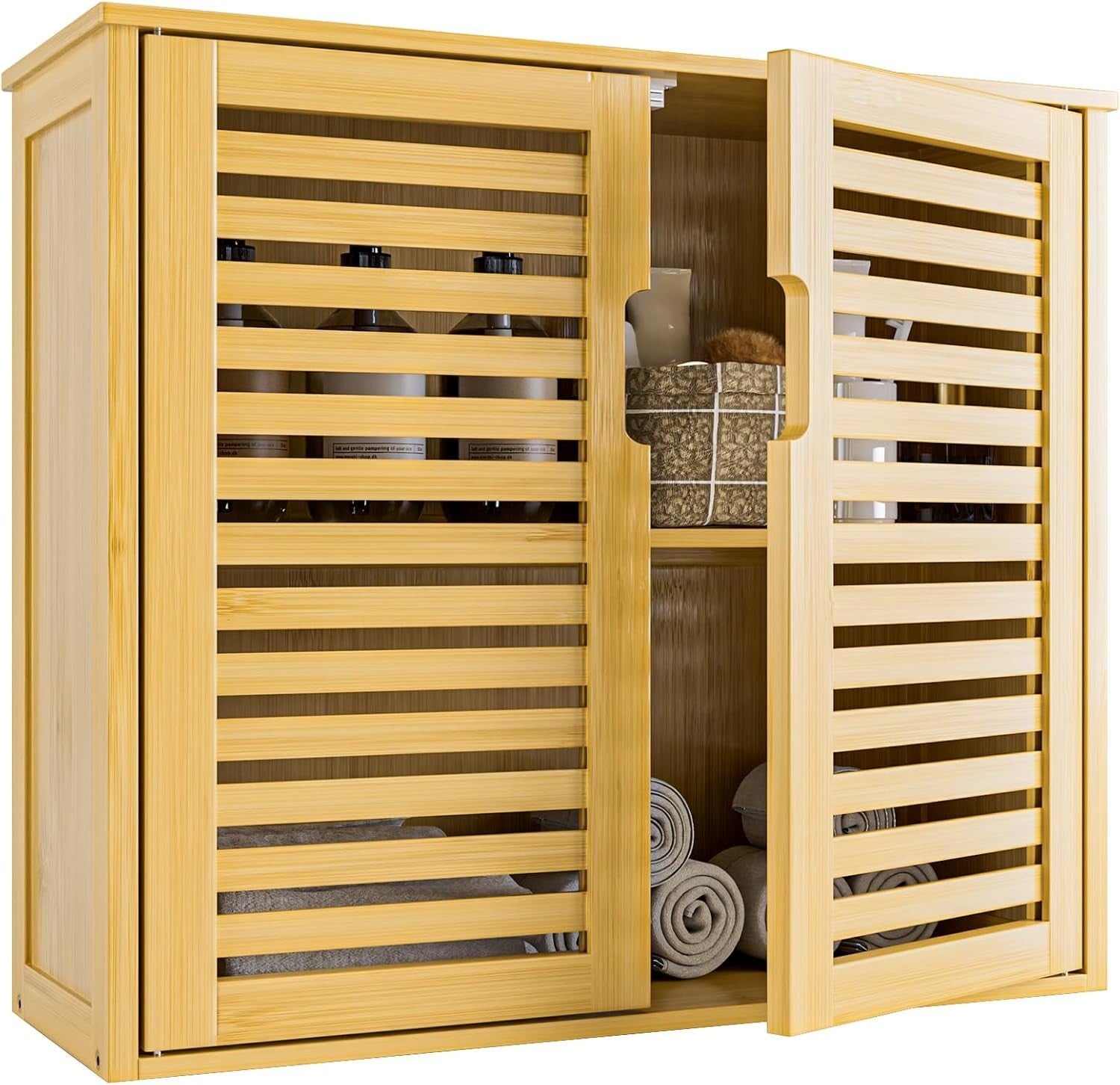 Bamboo Wall Cabinet Bathroom Storage 2 Doors Adjustable Shelves Natural