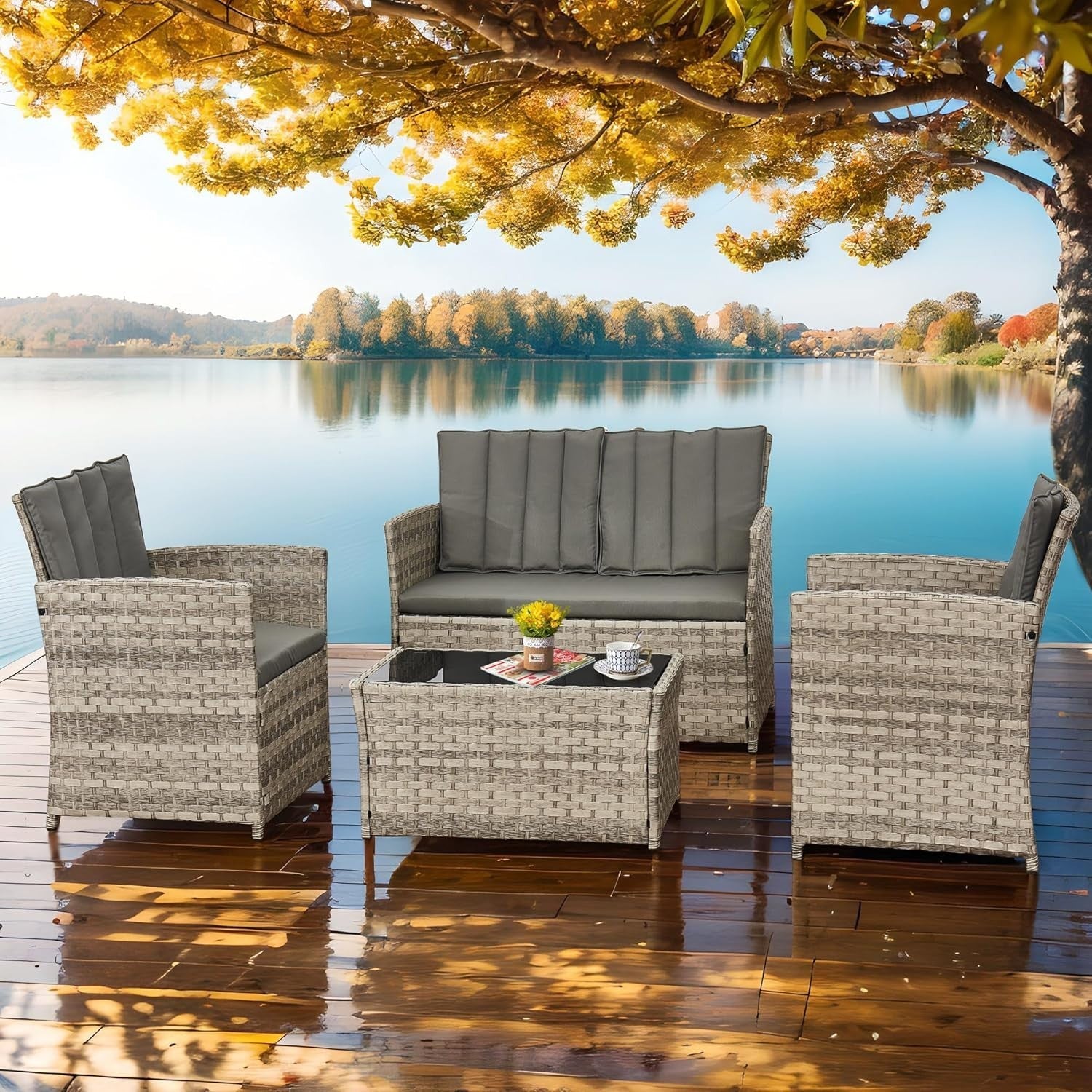 Rattan Garden Sofa Set 4 Seater Outdoor Patio Furniture with Cover