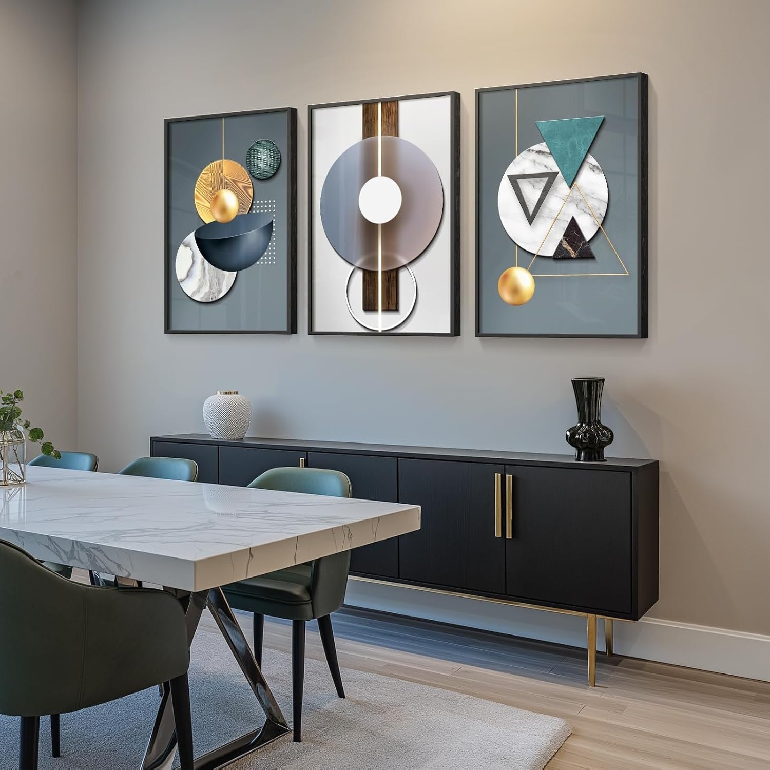 Large Framed Abstract Wall Art Set of 3 Blue Green Prints