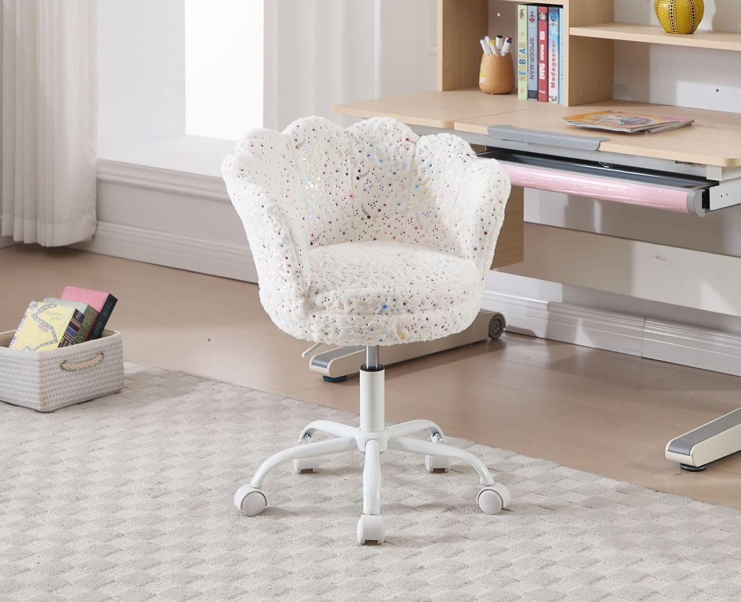 Kids Swivel Desk Chair Height Adjustable Velvet Upholstered Study Seat White