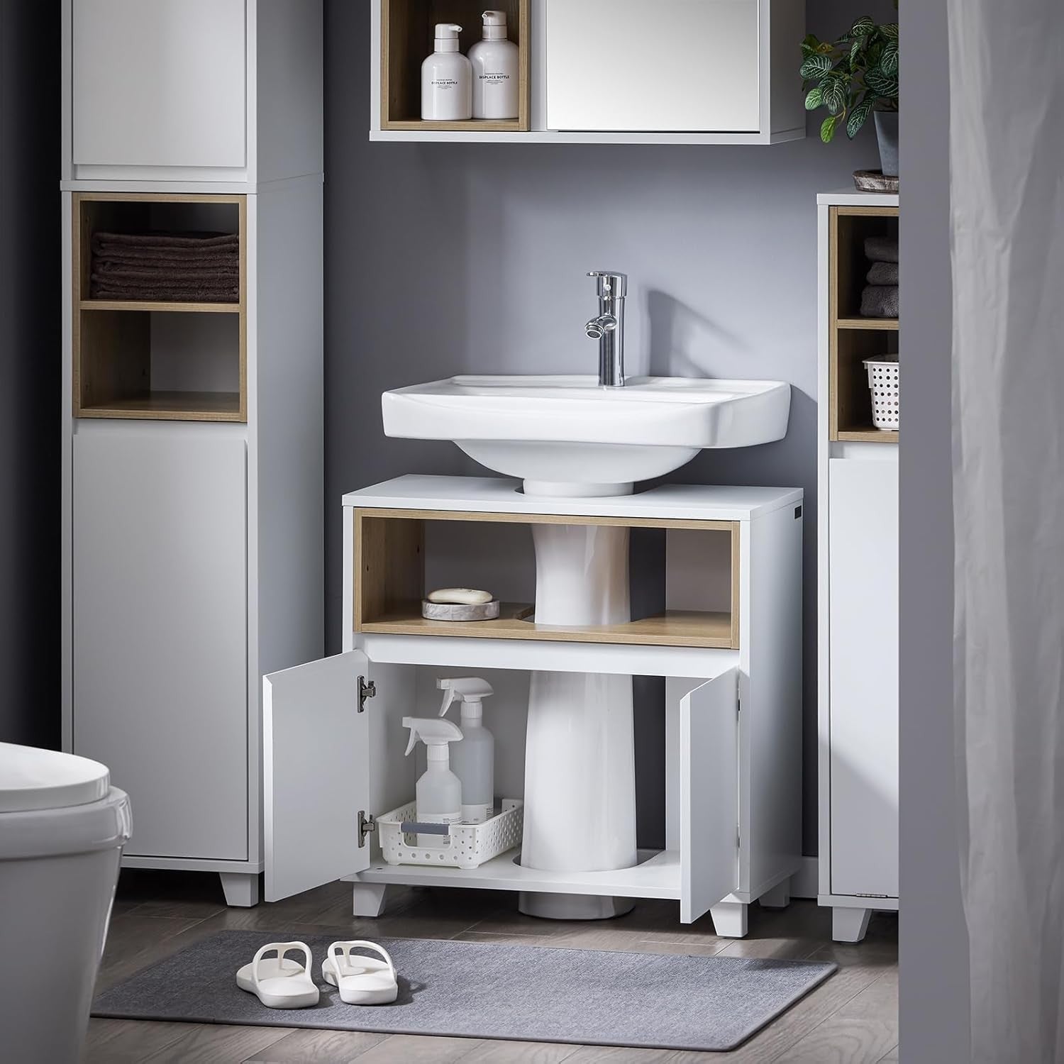 White Under Sink Bathroom Cabinet 60x30x61cm Slim Storage Cupboard Unit