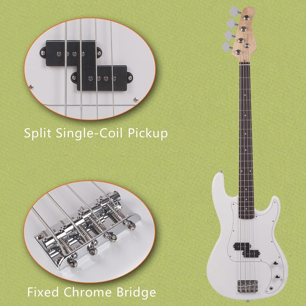 4 String Electric Bass Guitar Full Size Beginner Kit White