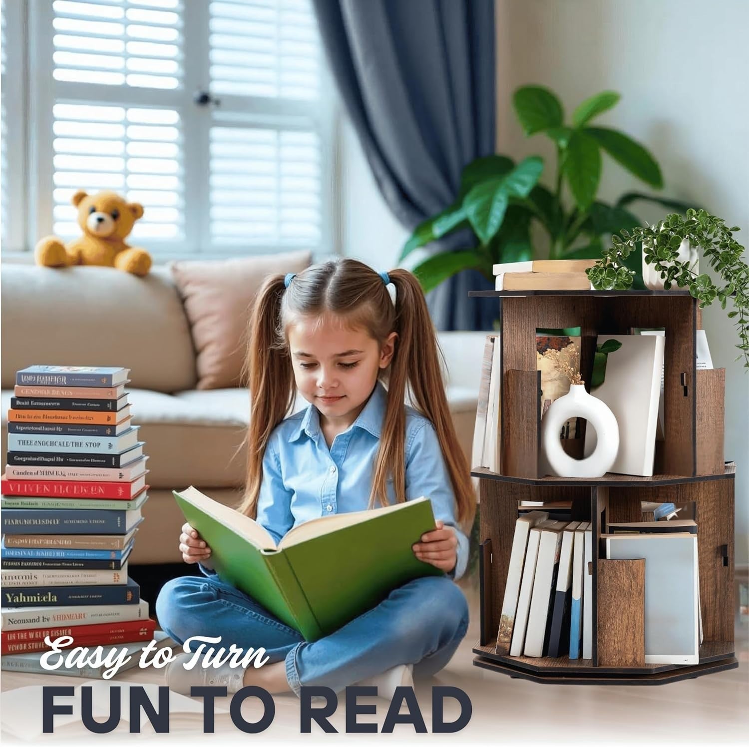 2 Tier Rotating Kids Bookshelf Walnut Corner Shelf Space-Saving Storage Organize