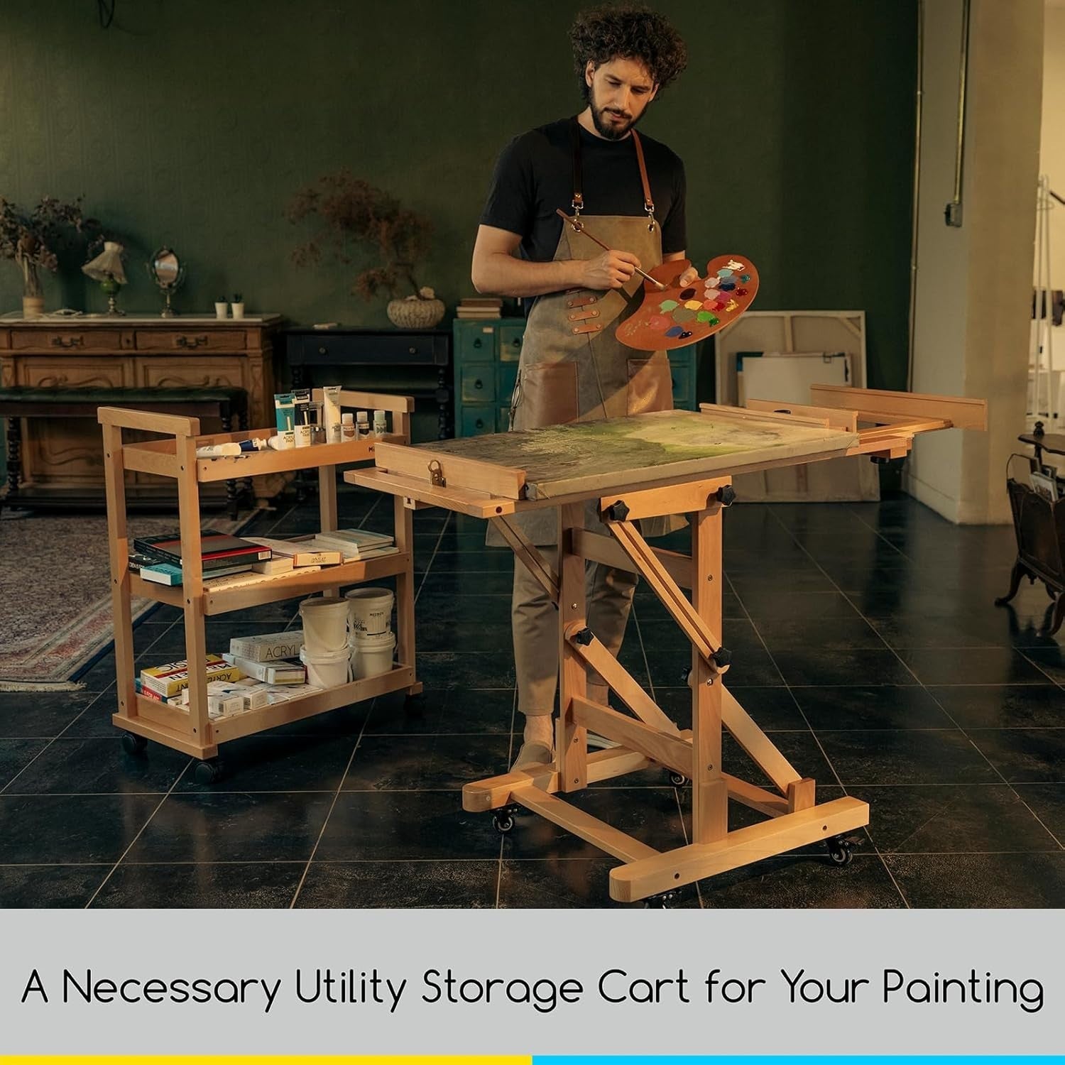 3 Tier Wooden Art Storage Cart Rolling Studio Trolley with Wheels
