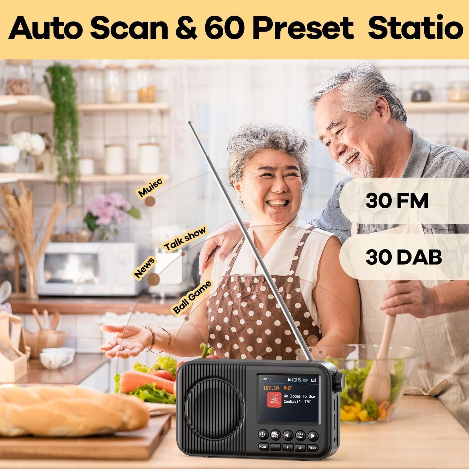 Portable DAB/DAB+ Digital Radio with Bluetooth, 60 Presets & Dual Alarms