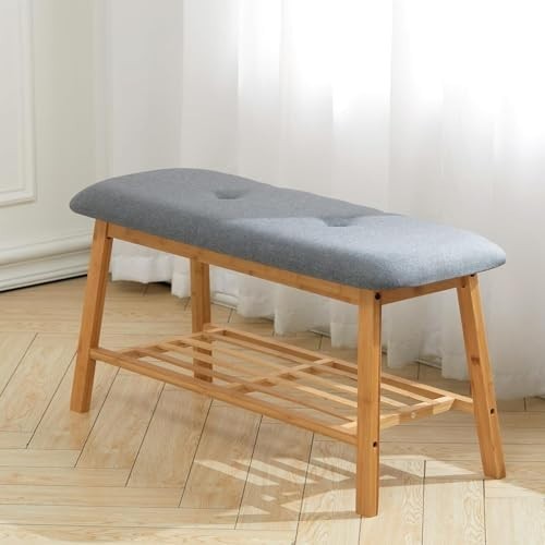 2-Tier Bamboo Shoe Rack Bench with Linen Padded Seat & Storage Grey