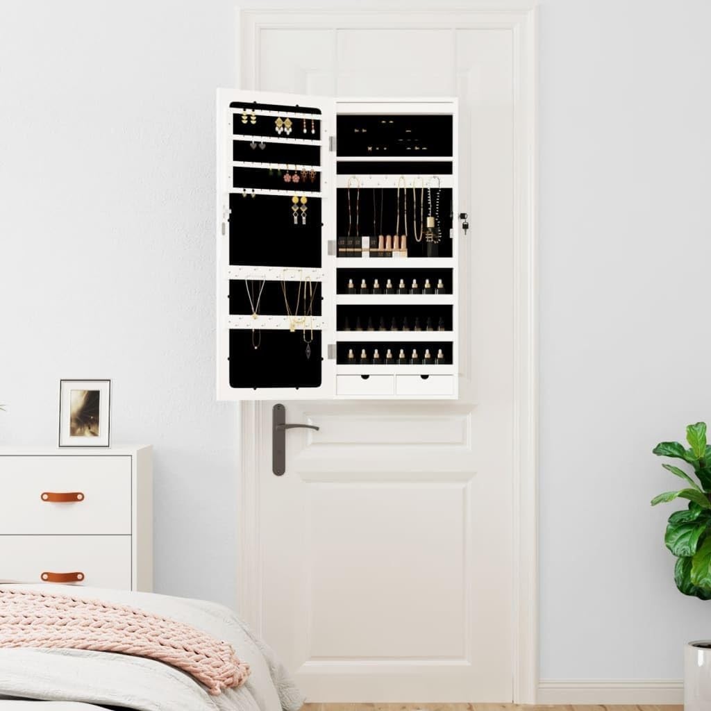 LED Wall Mounted Jewelry Cabinet Mirror Lockable Slim Storage White