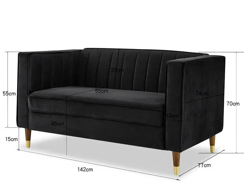 Black Velvet 2 Seater Sofa Ribbed Back Compact Couch Gold Legs UKFR
