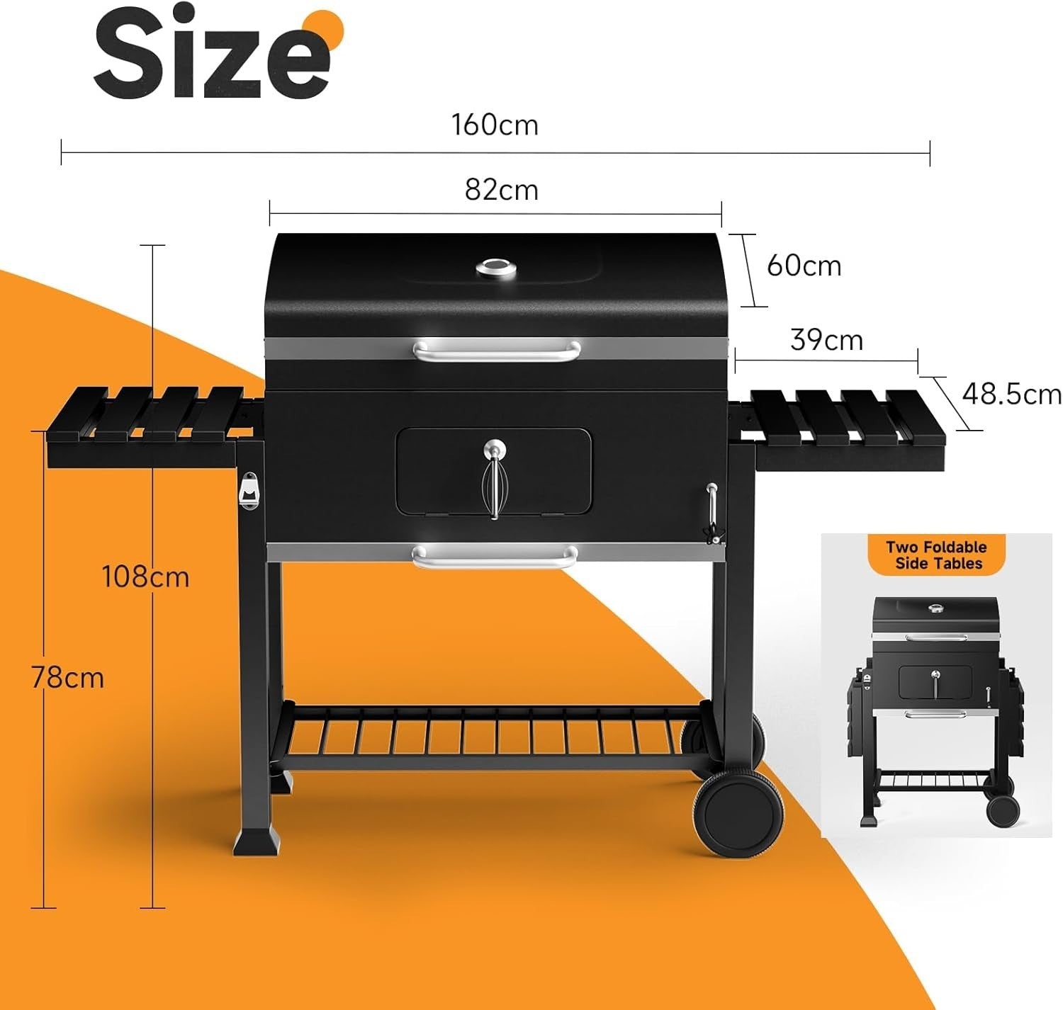 XXXL Charcoal BBQ Smoker Grill with 2 Folding Tables, Thermometer