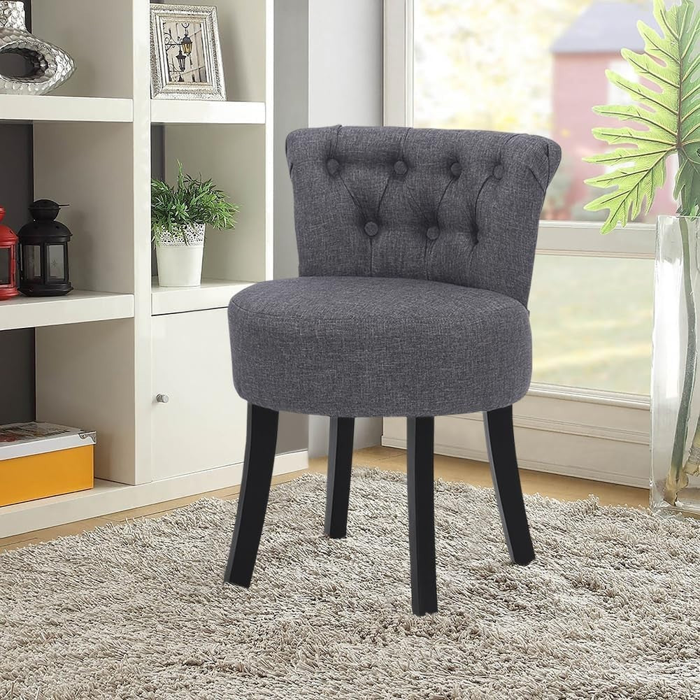 Dark Grey High-Back Dressing Table Chair, Comfy Linen Vanity Seat Wooden Legs