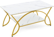 2-Tier Marble Coffee Table with Golden Frame – Rectangular Storage Shelf, 100x50