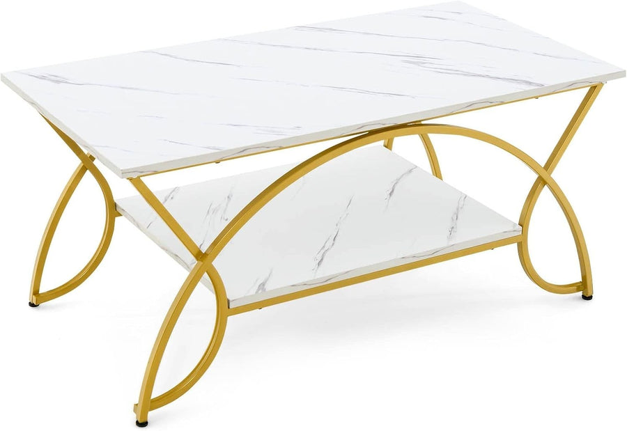 2-Tier Marble Coffee Table with Golden Frame – Rectangular Storage Shelf, 100x50
