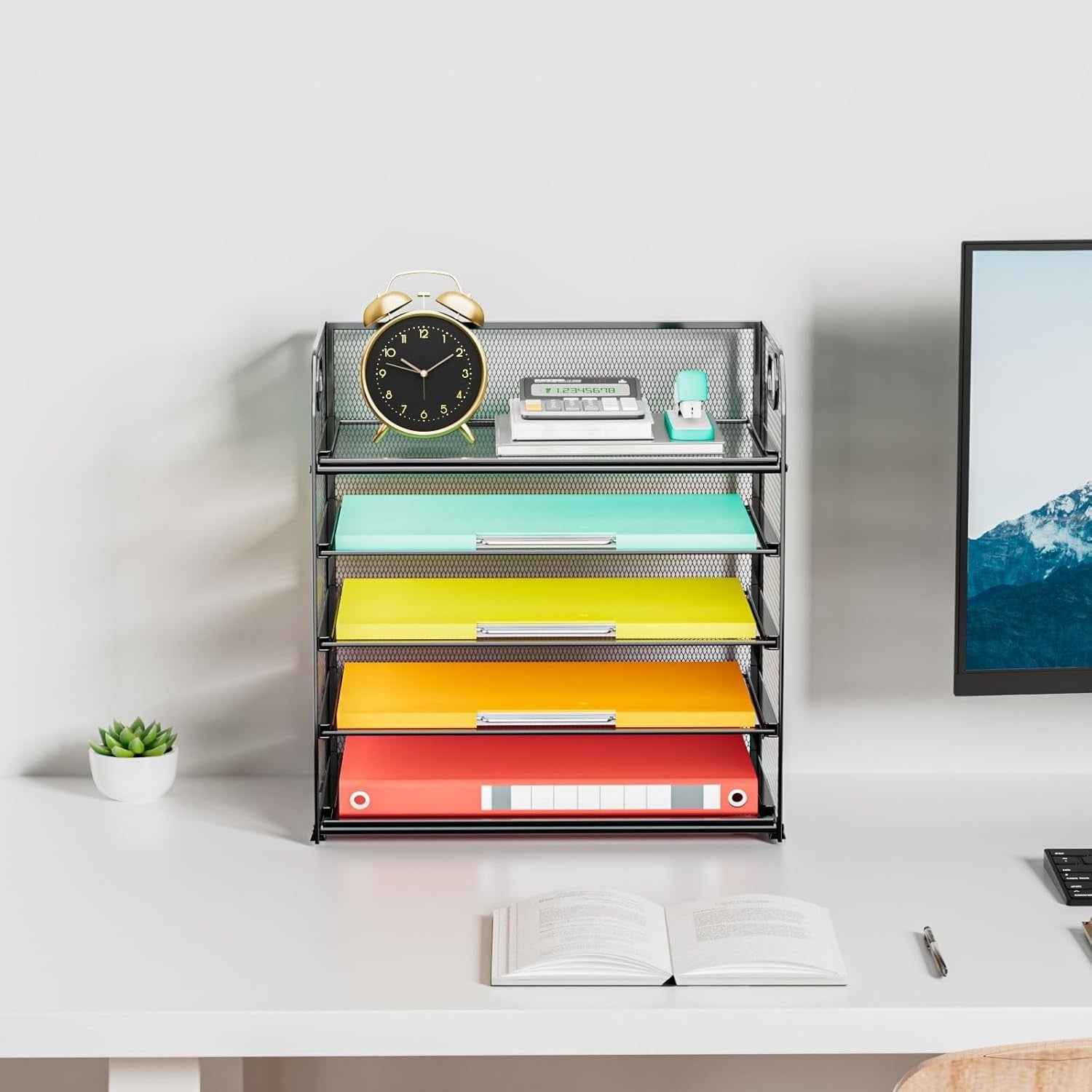 5-Tier Metal Desk Organizer | Letter/A4 File Tray Holder | Black Mesh
