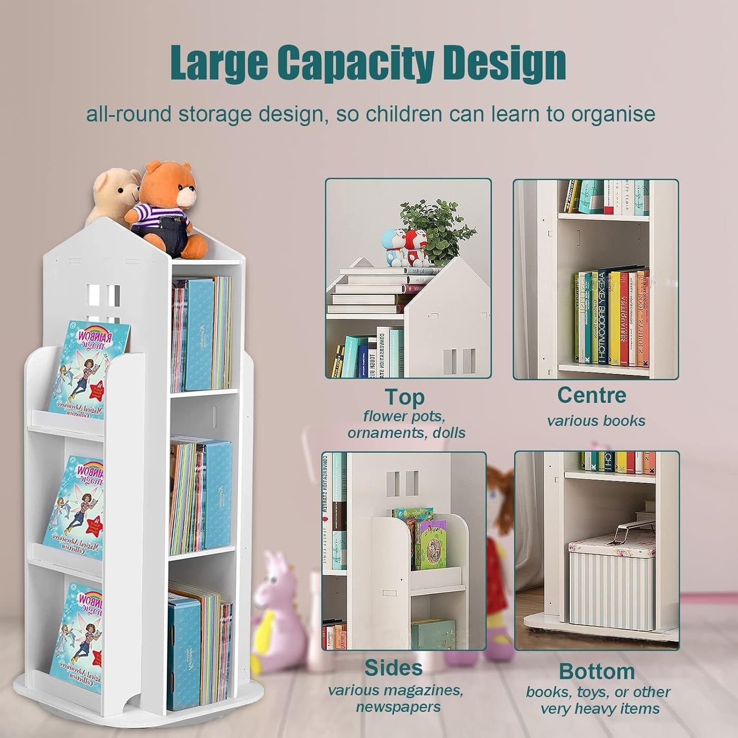 360° Rotating 3-Tier Kids Bookshelf – House Shape, Space Saving Storage