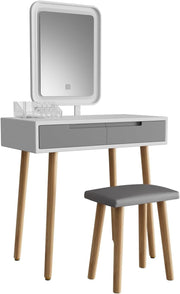 White Modern Vanity Makeup Table Set Dresser LED Lighted Mirror & Stool 2 Drawer
