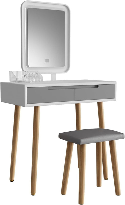 White Modern Vanity Makeup Table Set Dresser LED Lighted Mirror & Stool 2 Drawer