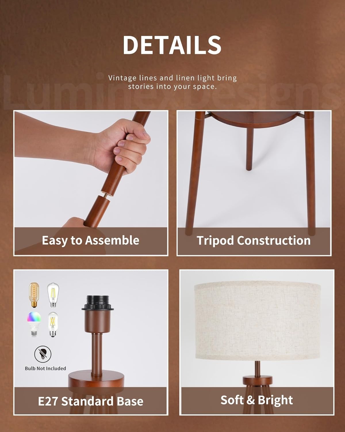 Tripod Floor Lamp with Shelf Wooden Standing Light Linen Shade Living Room