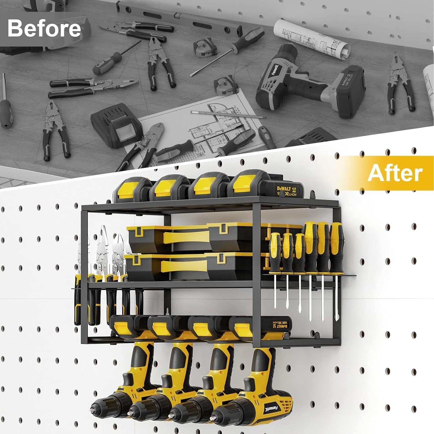 Heavy Duty Drill Storage Rack 2-Pack Floating Shelf 8 Drill Holders Yellow