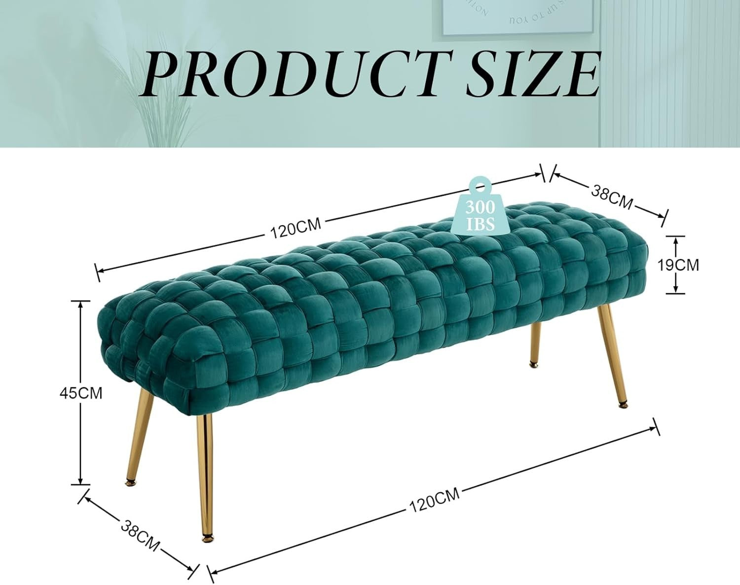 Velvet Ottoman Bench with Gold Metal Legs, Green Upholstered Entryway Seat