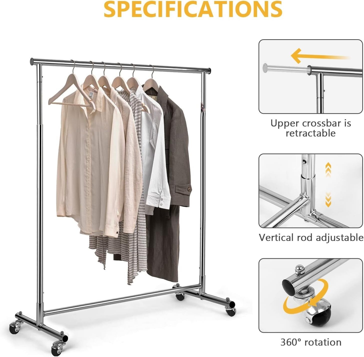 Adjustable Chrome Clothes Rail with Wheels Heavy Duty