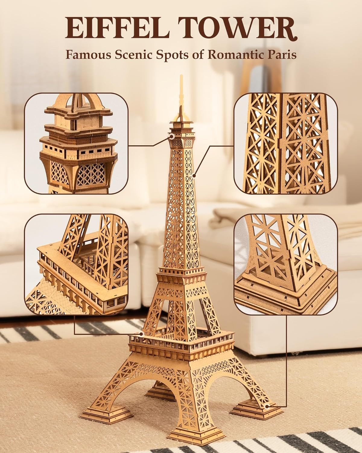 3D Wooden Eiffel Tower Puzzle Model Kit - Large DIY Decorative Build