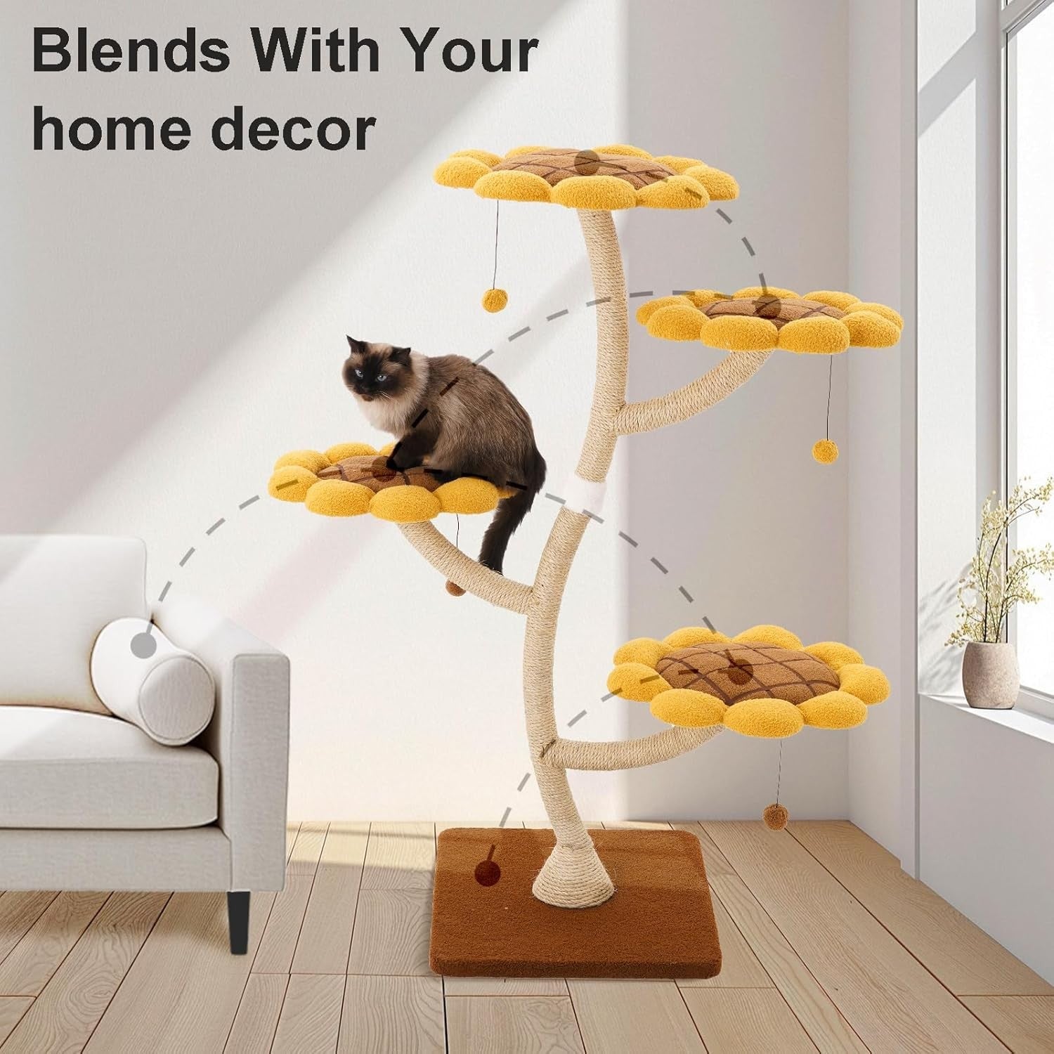 Sunflower Cat Tree 4-Level Wooden Tower Scratching Posts Indoor Climber