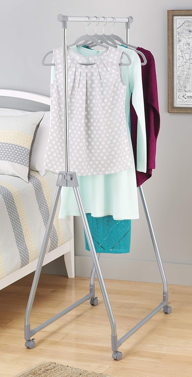 Silver Adjustable Foldable Rolling Clothes Garment Rack