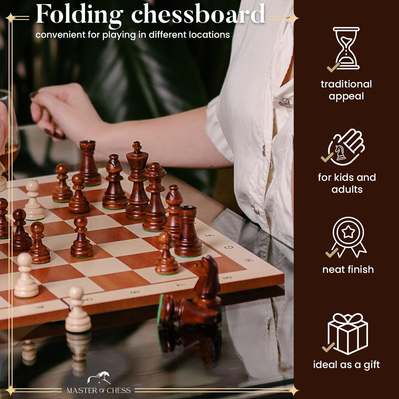 54cm Inlaid Folding Wooden Chess Board – Premium Sycamore Tournament Board