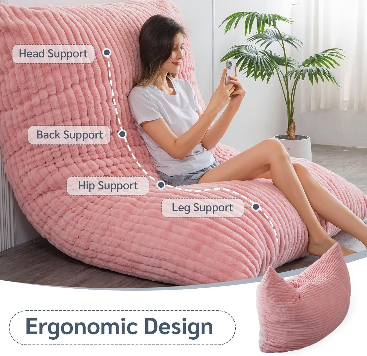 Pink Faux Fur Bean Bag Sofa Bed 135x190cm | Adult Lounge Floor Chair