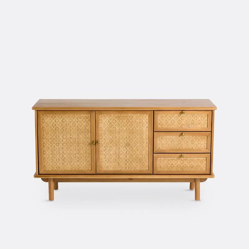 Pine Cane Sideboard Cabinet with Braided Doors & Storage Drawers