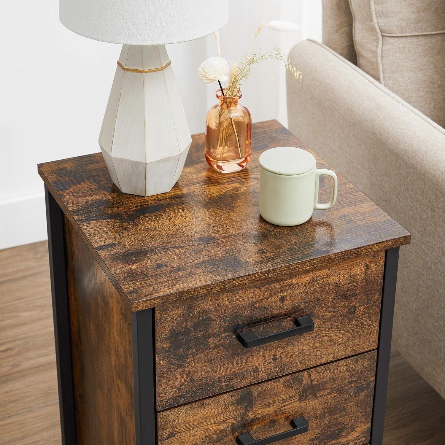 Rustic Industrial Bedside Table with 3 Drawers – Brown & Black Wood Nightstand
