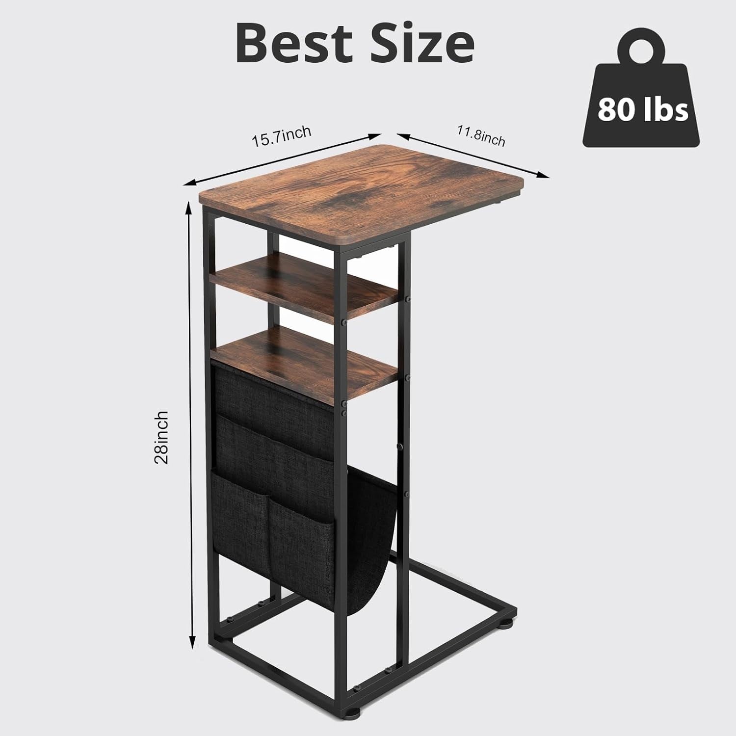 Retro Brown C-Shaped End Table 3-Tier Storage Slim Sofa Side Table Durable