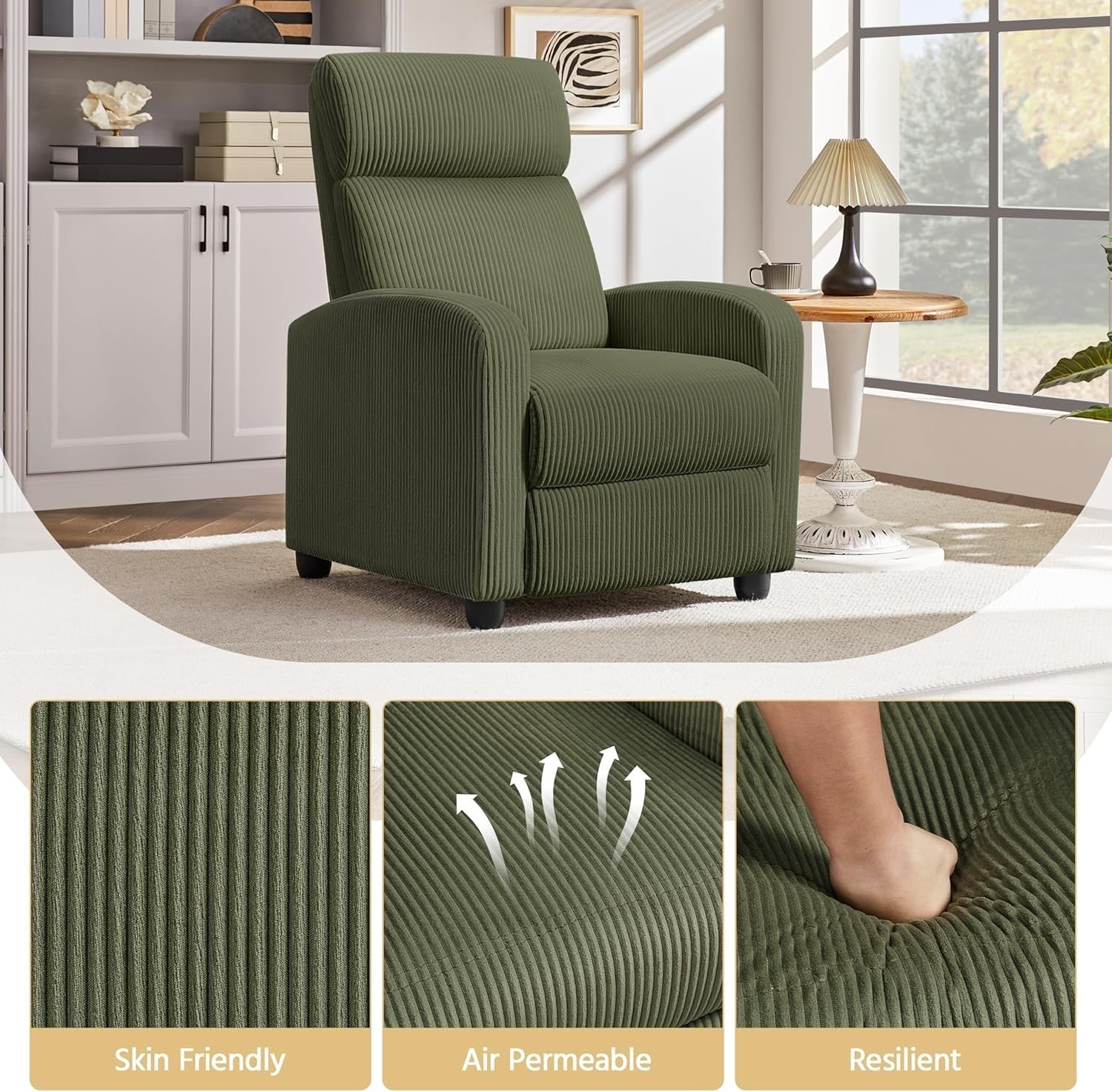 Dark Green Corduroy Recliner Chair Sofa Adjustable Lounge Armchair Home