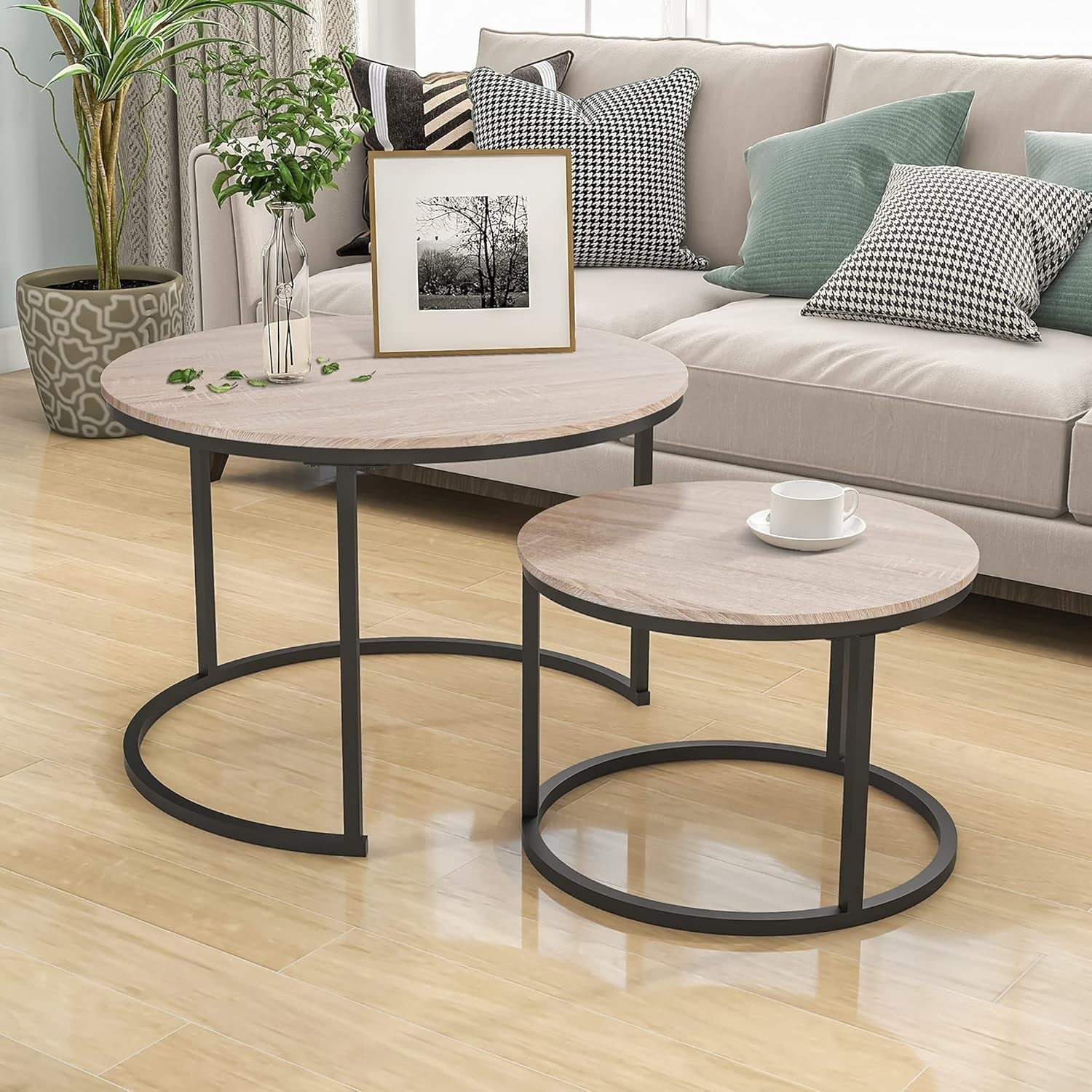Set of 2 Round Coffee Table Side End Tables Modern Nesting Storage Accent Black-