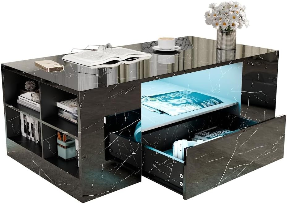 Blisswood LED Coffee Table with 2 Drawers, High Gloss Black Marble & RGB Lights