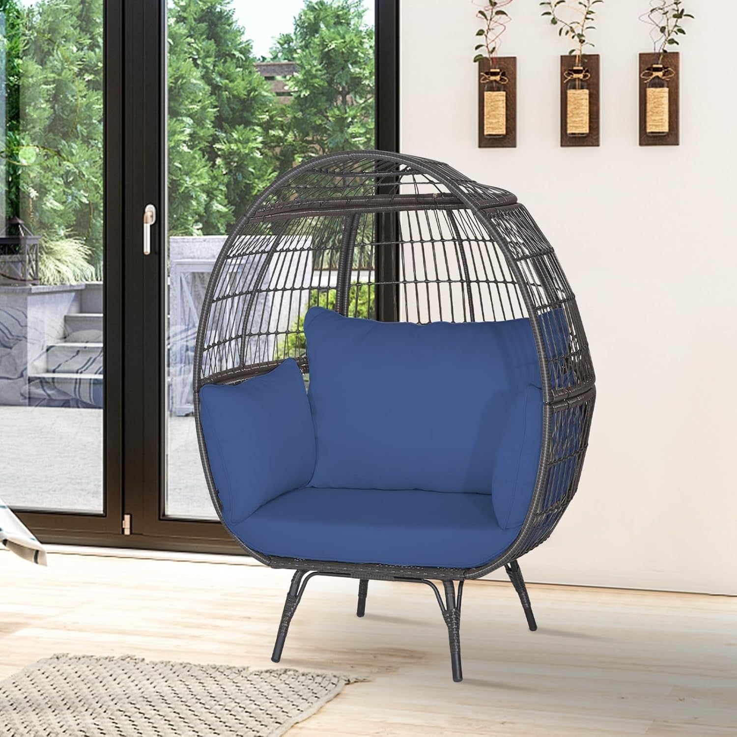Navy Two Seater Rattan Egg Chair Oversized Cushioned Freestanding Lounger