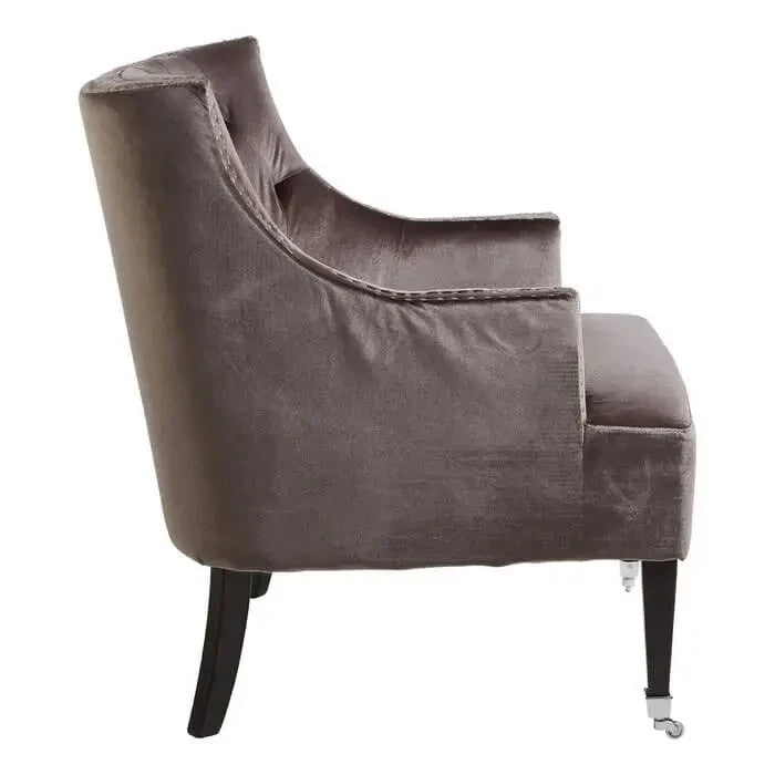 Grey Velvet Accent Chair – Tufted Armchair with Studs & Wooden Legs