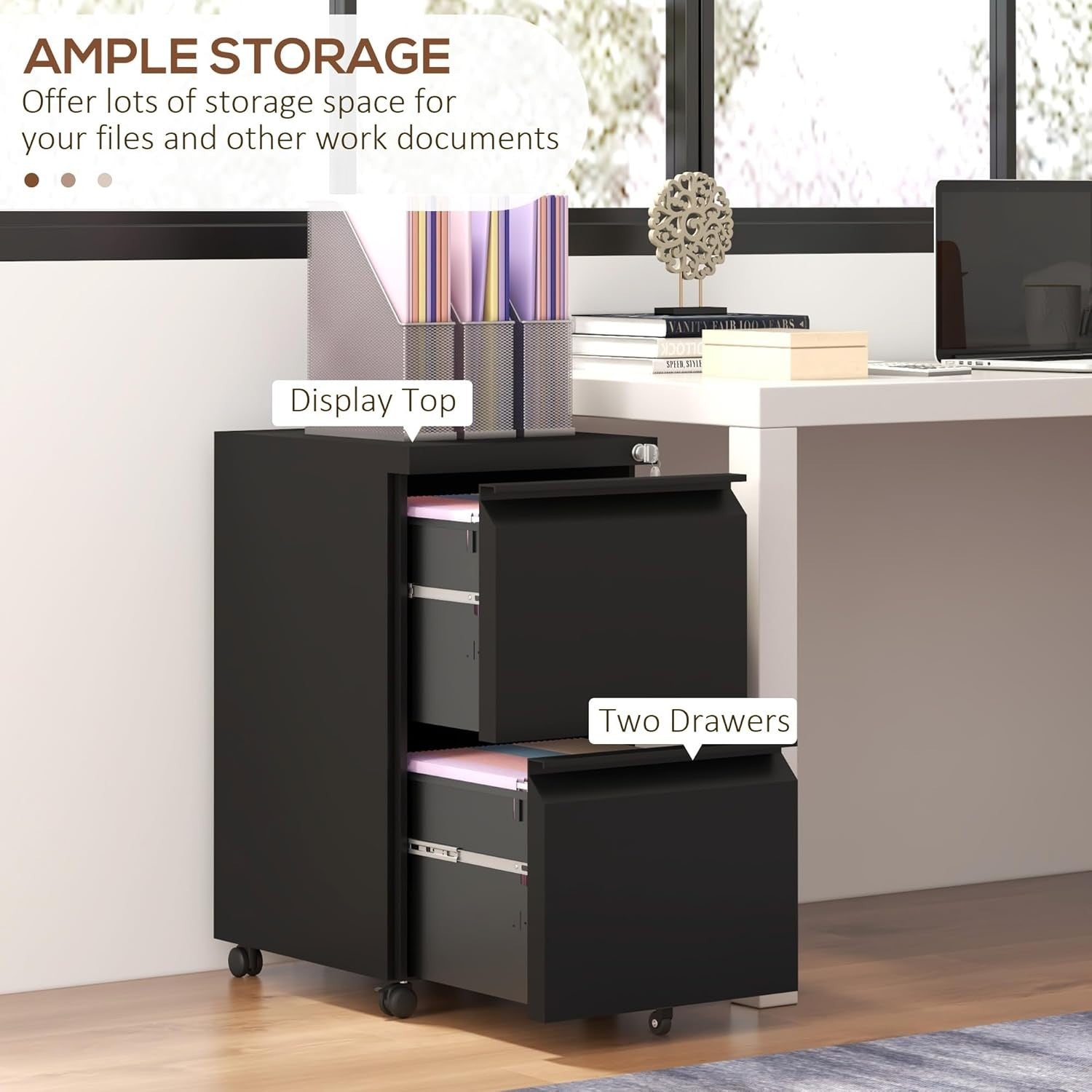 2 Drawer Mobile Filing Cabinet Lockable Steel A4 Letter Office Storage Black