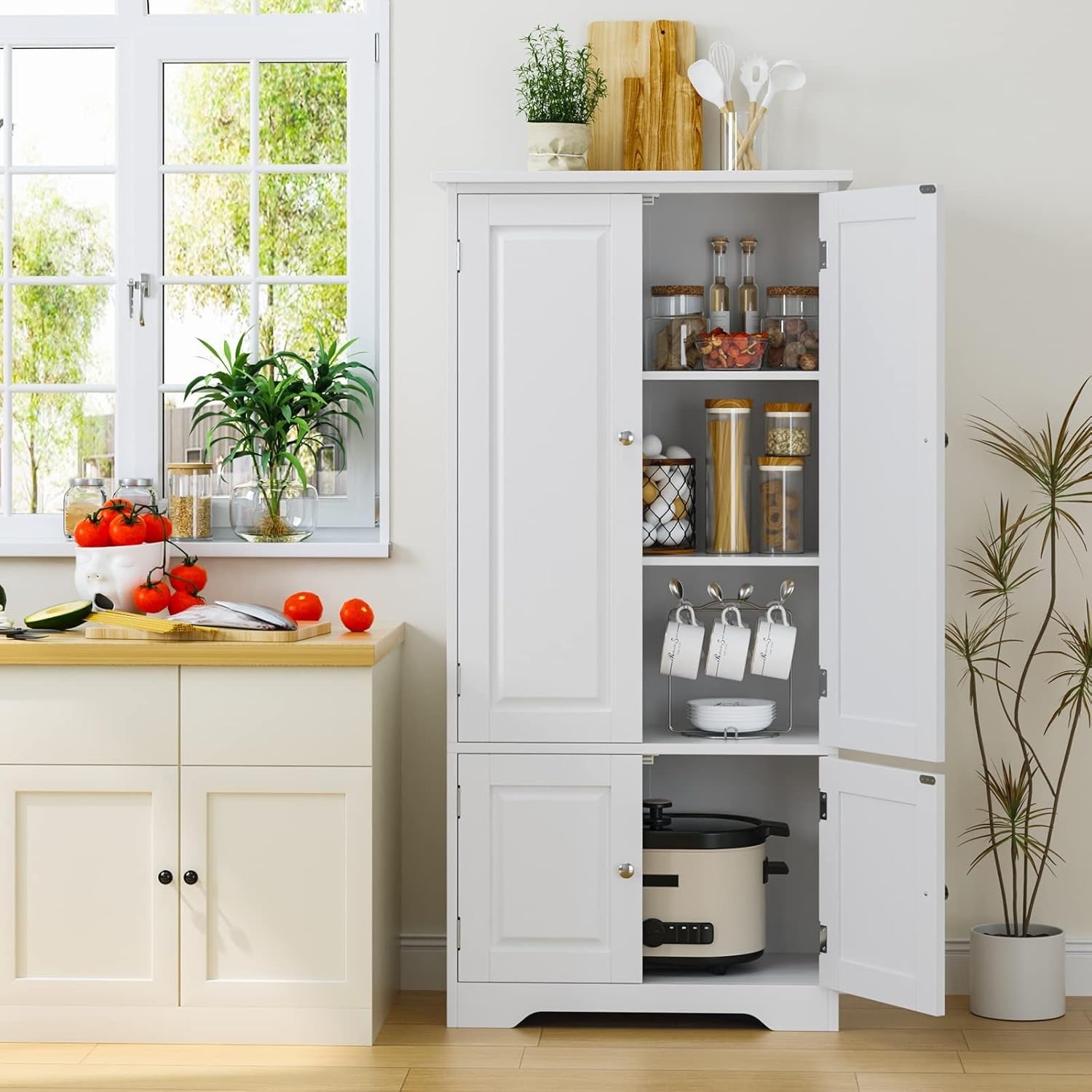 Tall White Kitchen Storage Cabinet 4 Door Cupboard Adjustable Shelves Unit