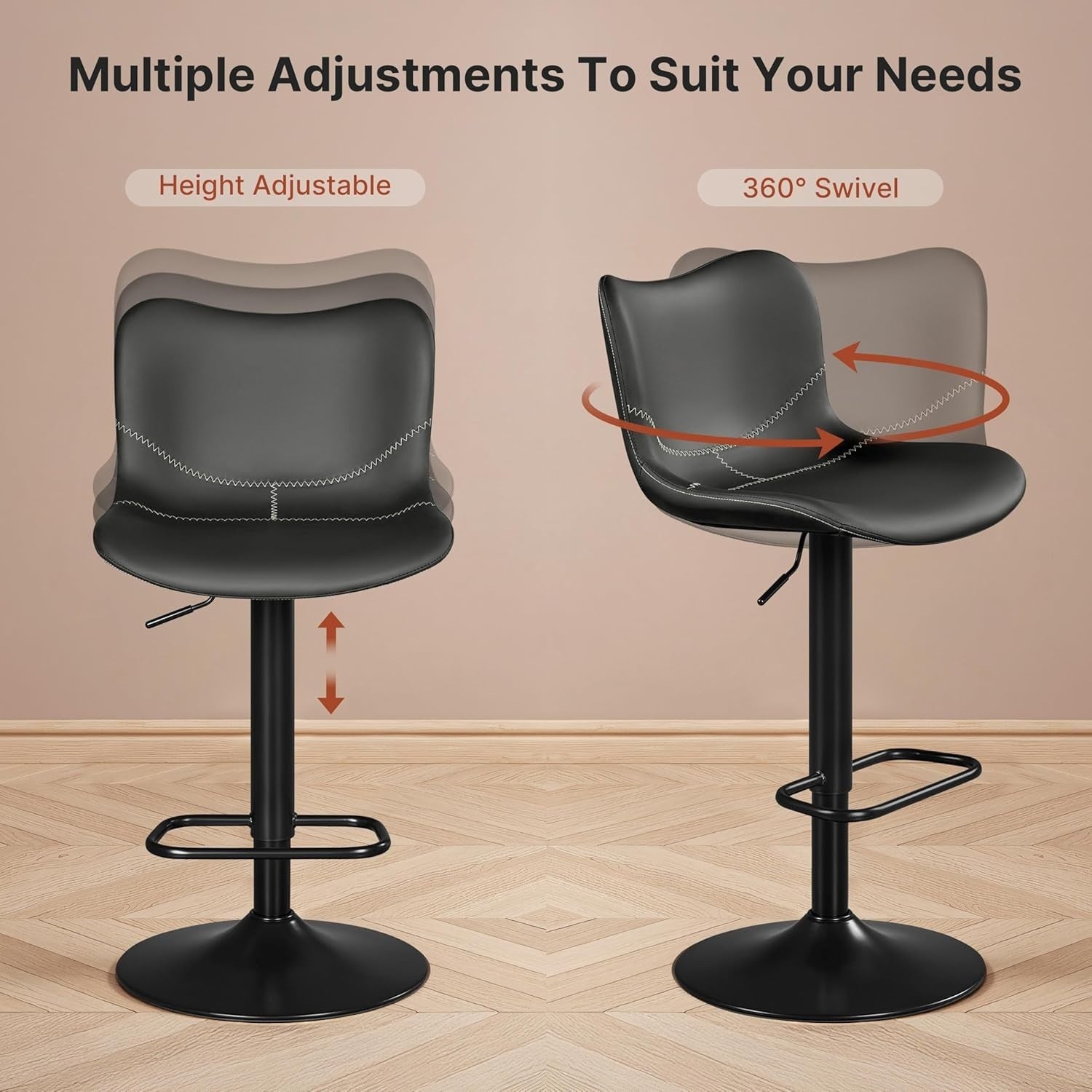 Adjustable Swivel Bar Stools Set of 2 Dark Grey PU Counter Height