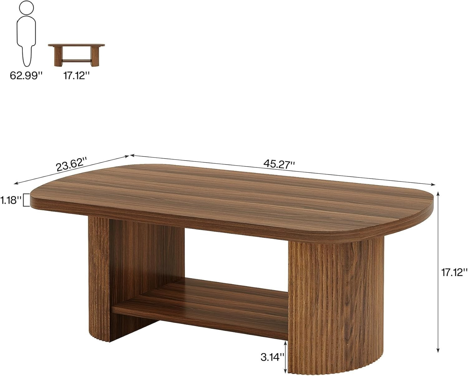 Oval 2-Tier Coffee Table with Storage Shelf, Mid-Century Rustic Brown 115cm