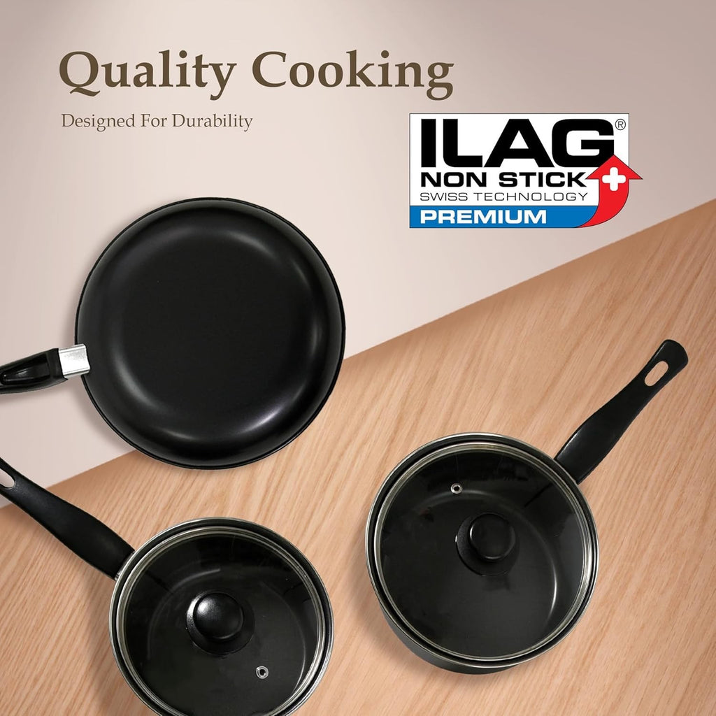 10Pcs Black Non Stick Cookware Pots and Pans Set with Glass Lids & Grill Pan