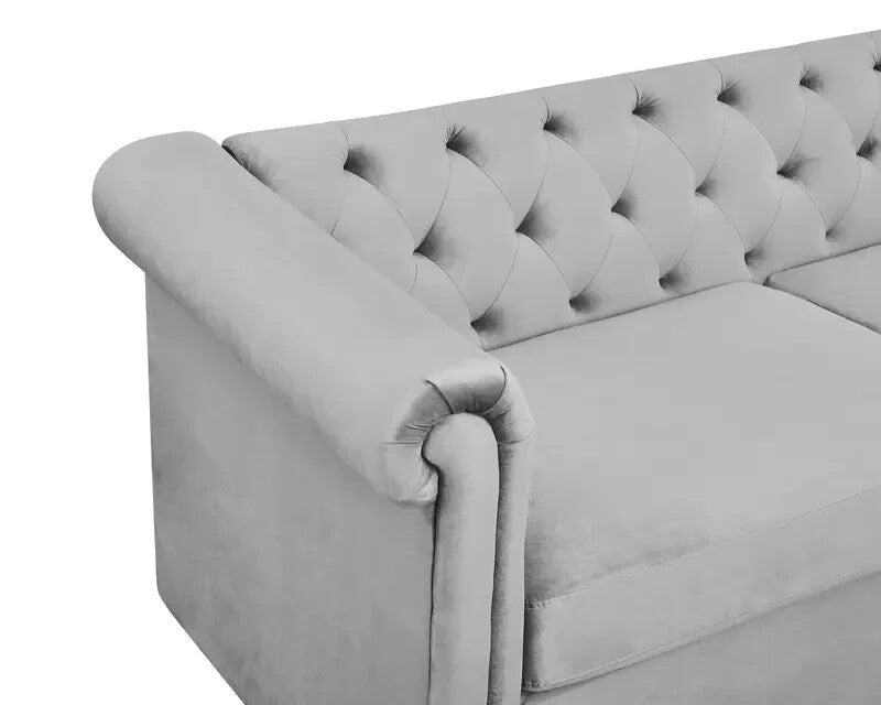 2 Seater Chesterfield Sofa Grey Velvet Scroll Arms Plush Living Room
