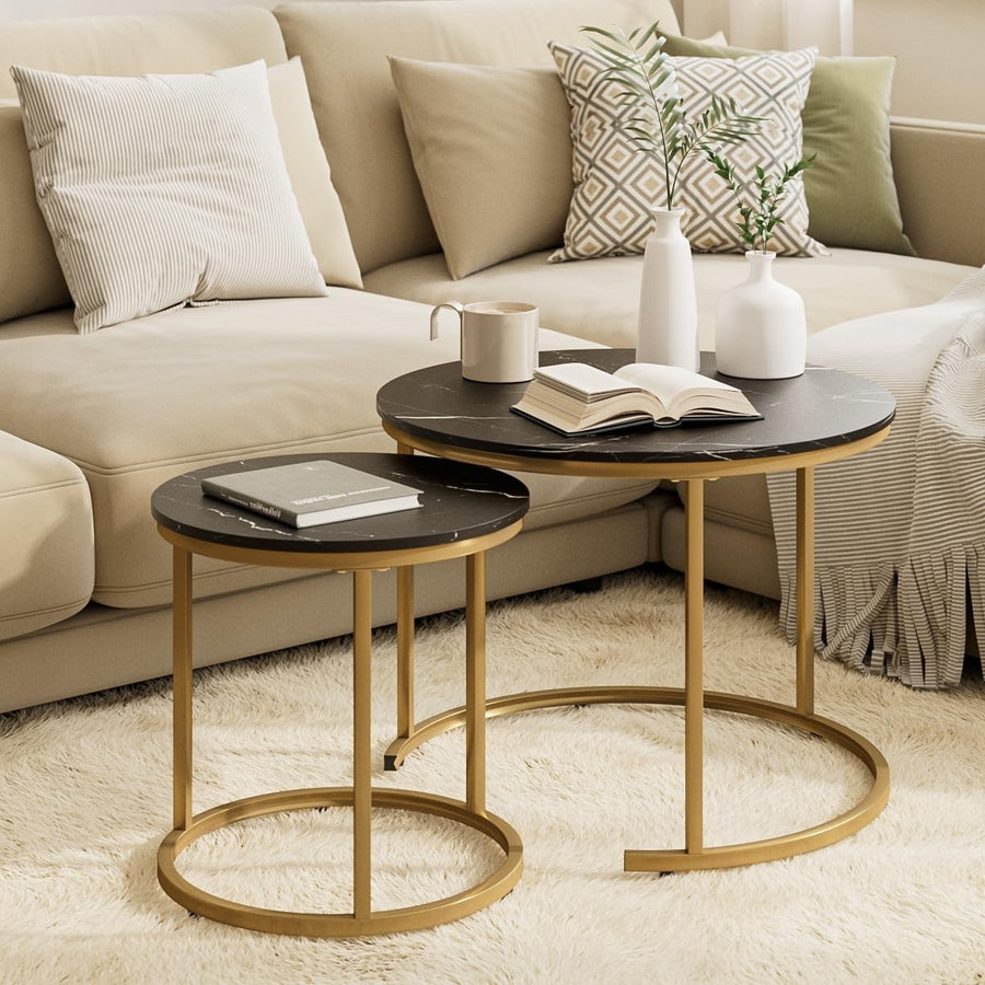 Round Nesting Coffee Tables Set of 2 Grey Top Black Frame, Space Black and Gold