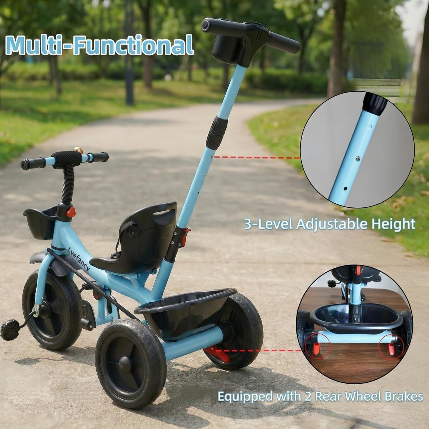 2 in 1 Toddler Tricycle Parent Handle Adjustable Seat Bike Blue 1-4Y