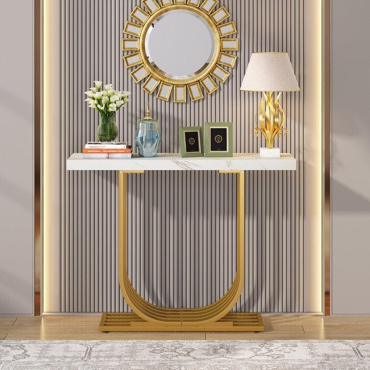 Modern Faux Marble Console Table with Gold Base – 39" Entryway Accent